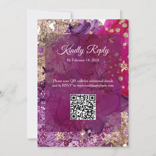 Modern Magenta Plum Gold QR code Wedding 招待状 (裏面)