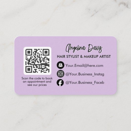 Modern makeup floral purple photo qr code 名刺 (裏面)