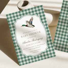 Modern Mallard Duck Neutral Gingham Baby Shower 招待状