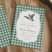 Modern Mallard Duck Neutral Gingham Baby Shower 招待状