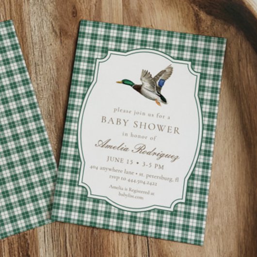 Modern Mallard Duck Neutral Gingham Baby Shower 招待状