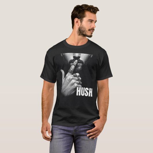 Modern Man Shushing Gesture HUSH Graphic Tシャツ (正面フル)
