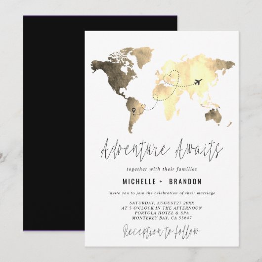 Modern Map of the World Blue Wedding Trip サンキューカード (正面/裏面)