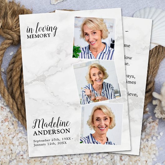 Modern Marble 3 Photo Memorial Funeral Prayer Card