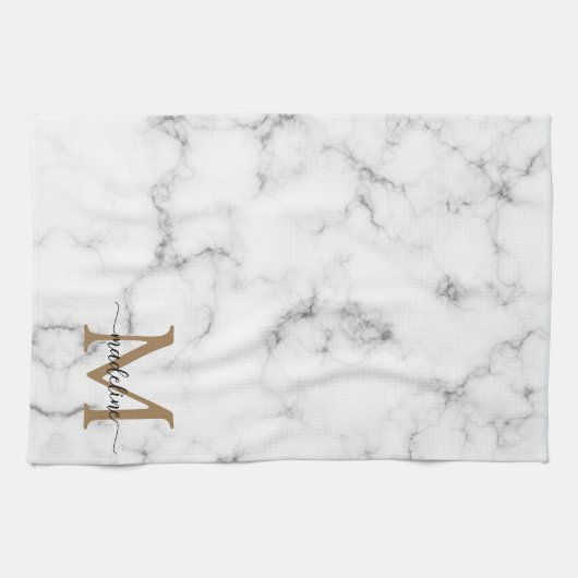 Modern Marble Gold Girly Script Monogram キッチンタオル (横)