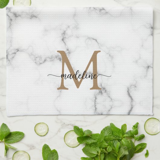 Modern Marble Gold Girly Script Monogram キッチンタオル (折り畳み)