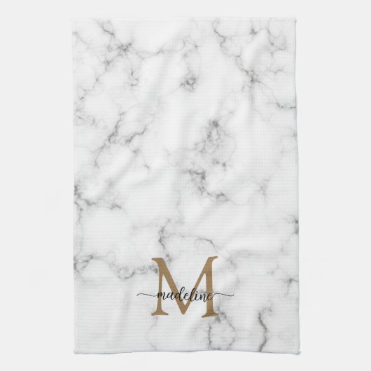 Modern Marble Gold Girly Script Monogram キッチンタオル (縦)