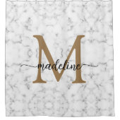 Modern Marble Gold Girly Script Monogram シャワーカーテン (正面)