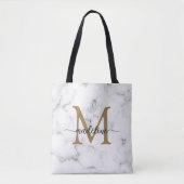 Modern Marble Gold Girly Script Monogram トートバッグ (正面)