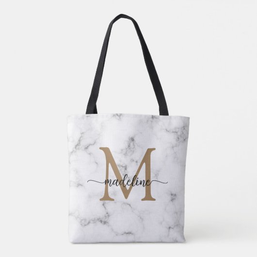 Modern Marble Gold Girly Script Monogram トートバッグ (裏面)
