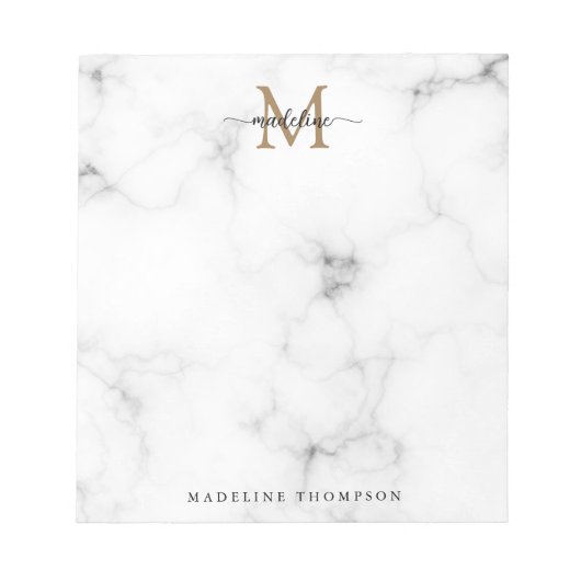 Modern Marble Gold Girly Script Monogram ノートパッド (正面)