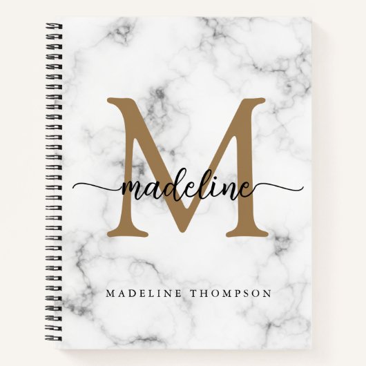 Modern Marble Gold Girly Script Monogram ノートブック (正面)