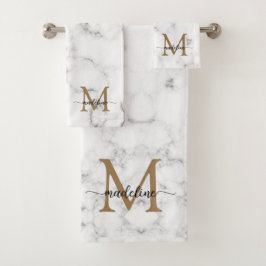 Modern Marble Gold Girly Script Monogram バスタオルセット