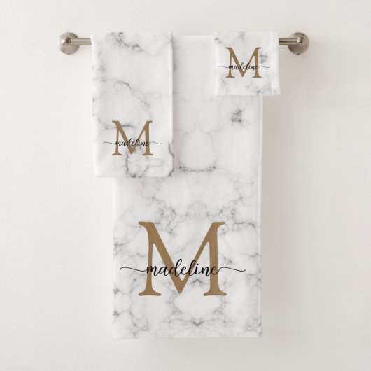 Modern Marble Gold Girly Script Monogram バスタオルセット (インサイチュ)