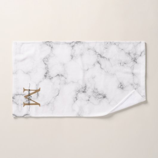 Modern Marble Gold Girly Script Monogram バスタオルセット (ハンドタオル)