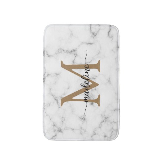 Modern Marble Gold Girly Script Monogram バスマット (正面縦)