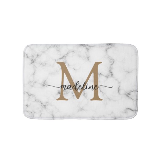 Modern Marble Gold Girly Script Monogram バスマット (正面)