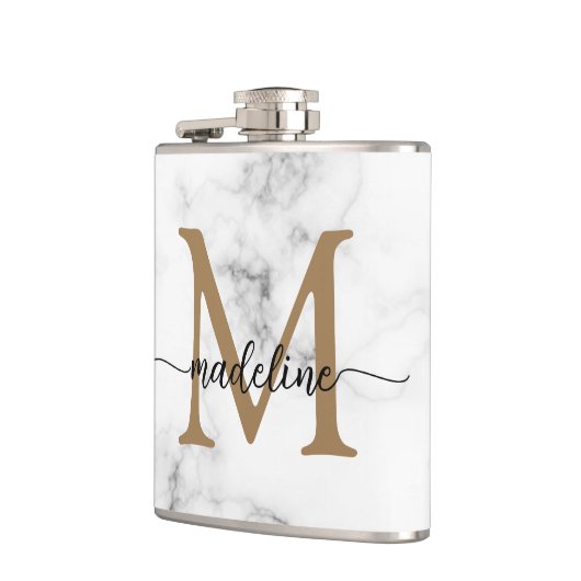 Modern Marble Gold Girly Script Monogram フラスク (左)
