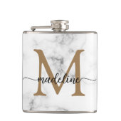 Modern Marble Gold Girly Script Monogram フラスク (正面)