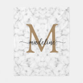 Modern Marble Gold Girly Script Monogram フリースブランケット (正面)