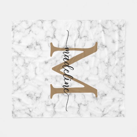 Modern Marble Gold Girly Script Monogram フリースブランケット (正面(横))
