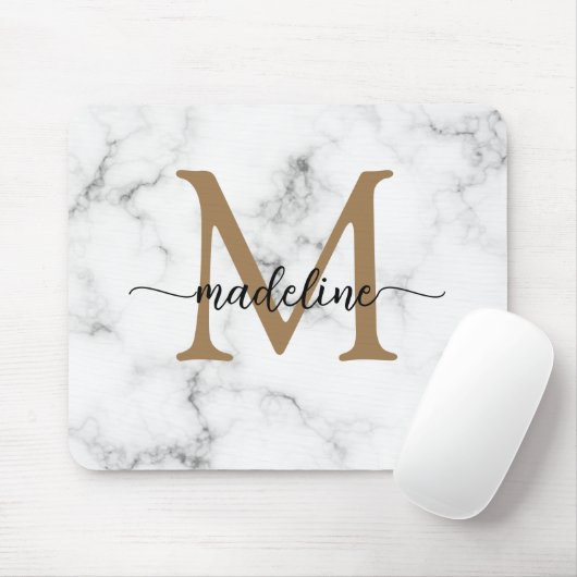 Modern Marble Gold Girly Script Monogram マウスパッド (マウス)