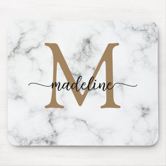Modern Marble Gold Girly Script Monogram マウスパッド (正面)