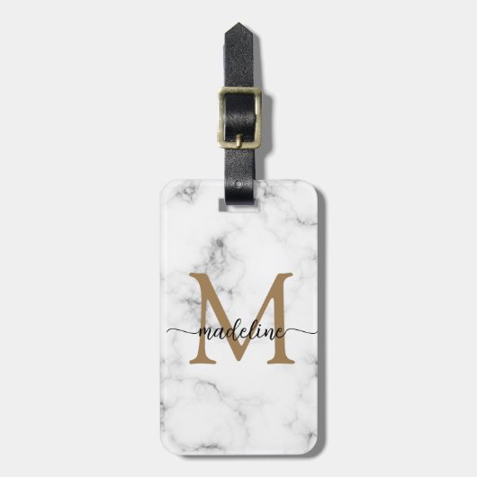 Modern Marble Gold Girly Script Monogram ラゲッジタグ (正面縦)