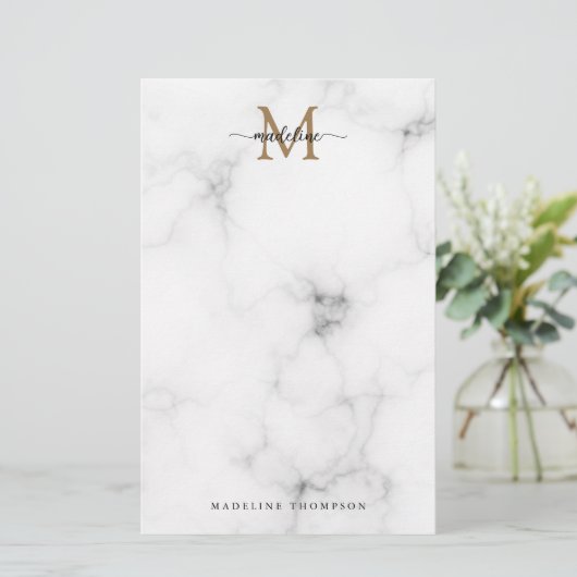 Modern Marble Gold Girly Script Monogram 便箋 (スタンド正面)