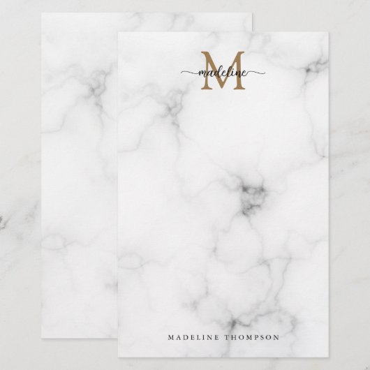 Modern Marble Gold Girly Script Monogram 便箋 (正面/裏面)