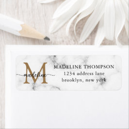 Modern Marble Gold Girly Script Monogram Address ラベル