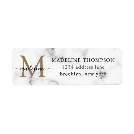 Modern Marble Gold Girly Script Monogram Address ラベル (正面)