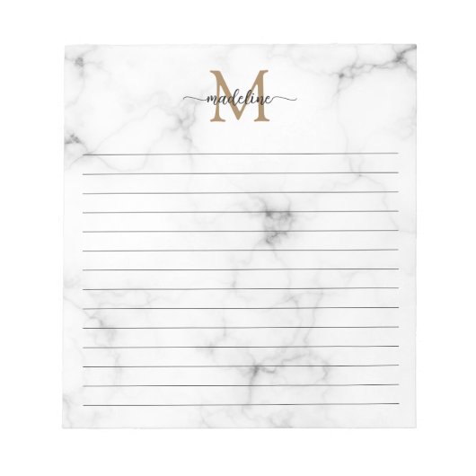 Modern Marble Gold Girly Script Monogram Lined ノートパッド (正面)