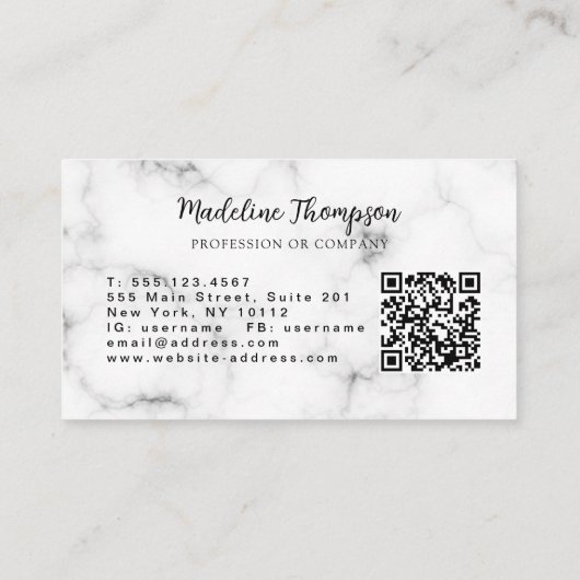 Modern Marble Gold Girly Script Monogram QR Code 名刺 (裏面)