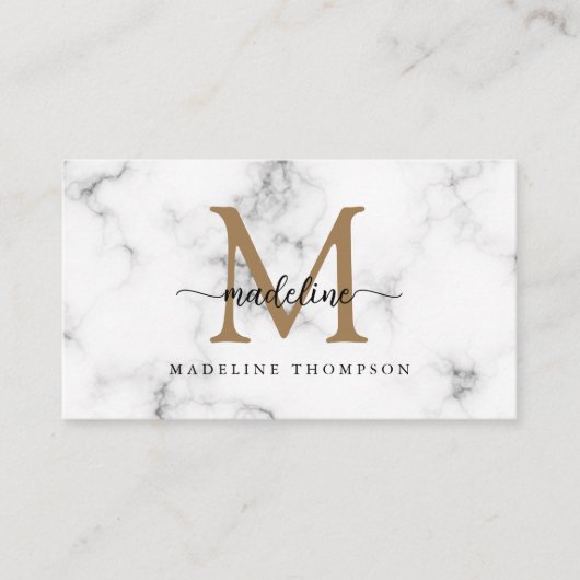 Modern Marble Gold Girly Script Monogram QR Code 名刺 (正面)