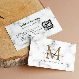 Modern Marble Gold Girly Script Monogram QR Code 名刺