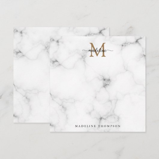 Modern Marble Gold Girly Script Monogram Square ノートカード (正面/裏面)