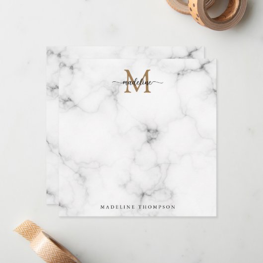Modern Marble Gold Girly Script Monogram Square ノートカード (正面/裏面インサイチュ)