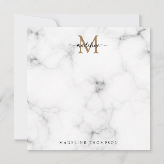 Modern Marble Gold Girly Script Monogram Square ノートカード (正面)