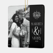 Modern Married and Merry Newlywed Bow Christmas セラミックオーナメント (左)