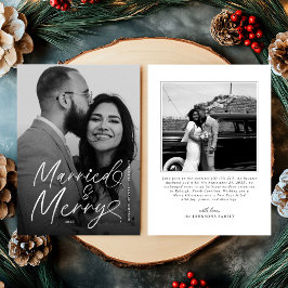 Modern Married and Merry Newlywed Script Christmas シーズンカード