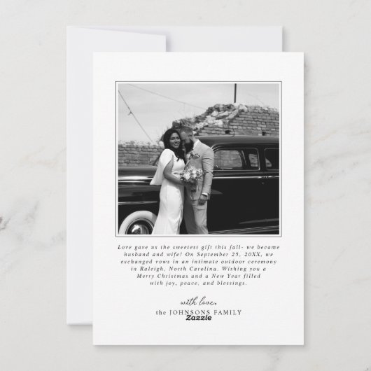 Modern Married and Merry Newlywed Script Christmas シーズンカード (裏面)