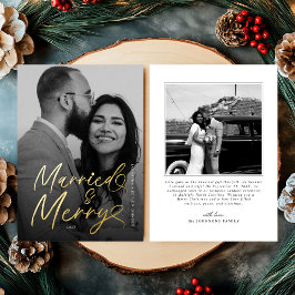 Modern Married and Merry Newlywed Script Christmas 箔シーズンカード