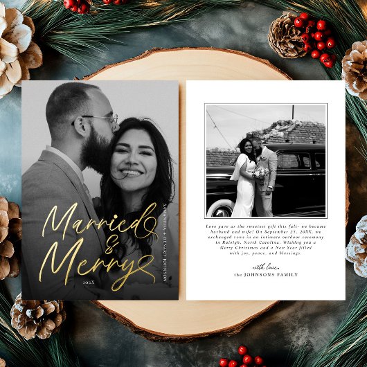 Modern Married and Merry Newlywed Script Christmas 箔シーズンカード