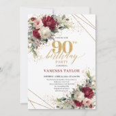 Modern Marsala Gold Floral 90th Birthday Invitatio 招待状 (正面)