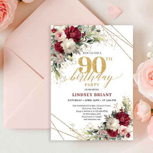 Modern Marsala Gold Floral 90th Birthday Invitatio 招待状
