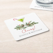 Modern Martini and Mistletoe Candy Cane Cocktail スクエアペーパーコースター (アングル)
