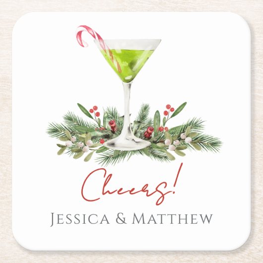 Modern Martini and Mistletoe Candy Cane Cocktail スクエアペーパーコースター (正面)