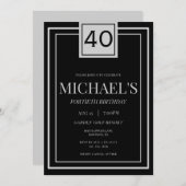 Modern Masculine Silver & Black 40th Birthday 招待状 (正面/裏面)