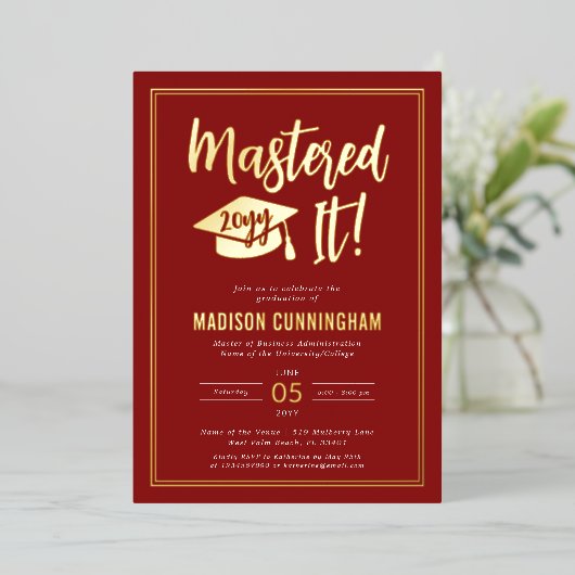 Modern Mastered It Master's Degree Graduation 箔招待状 (立ち正面)